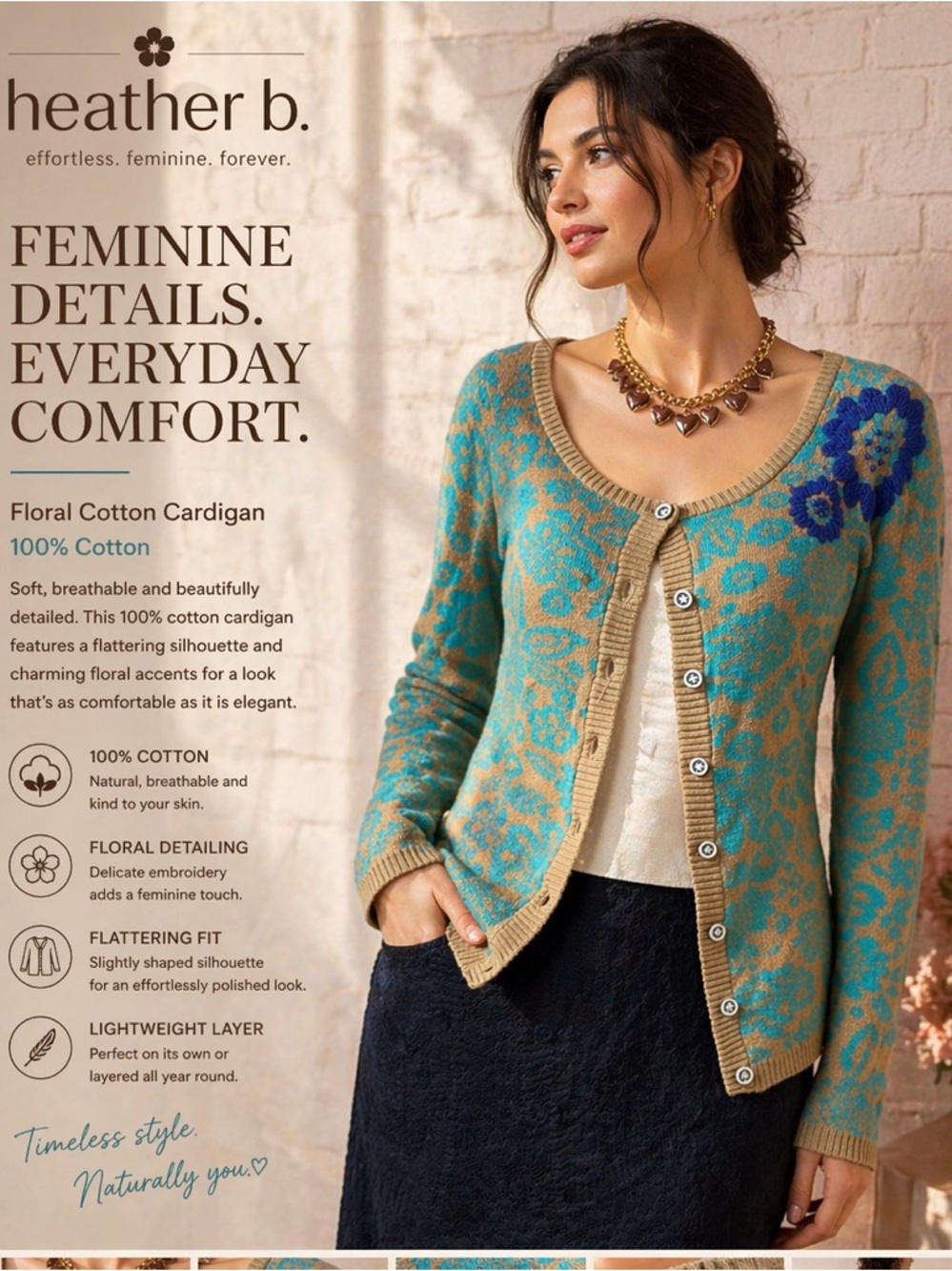 Heather B Floral Patterned Button-Up Sweater - Teal and Tan small‎